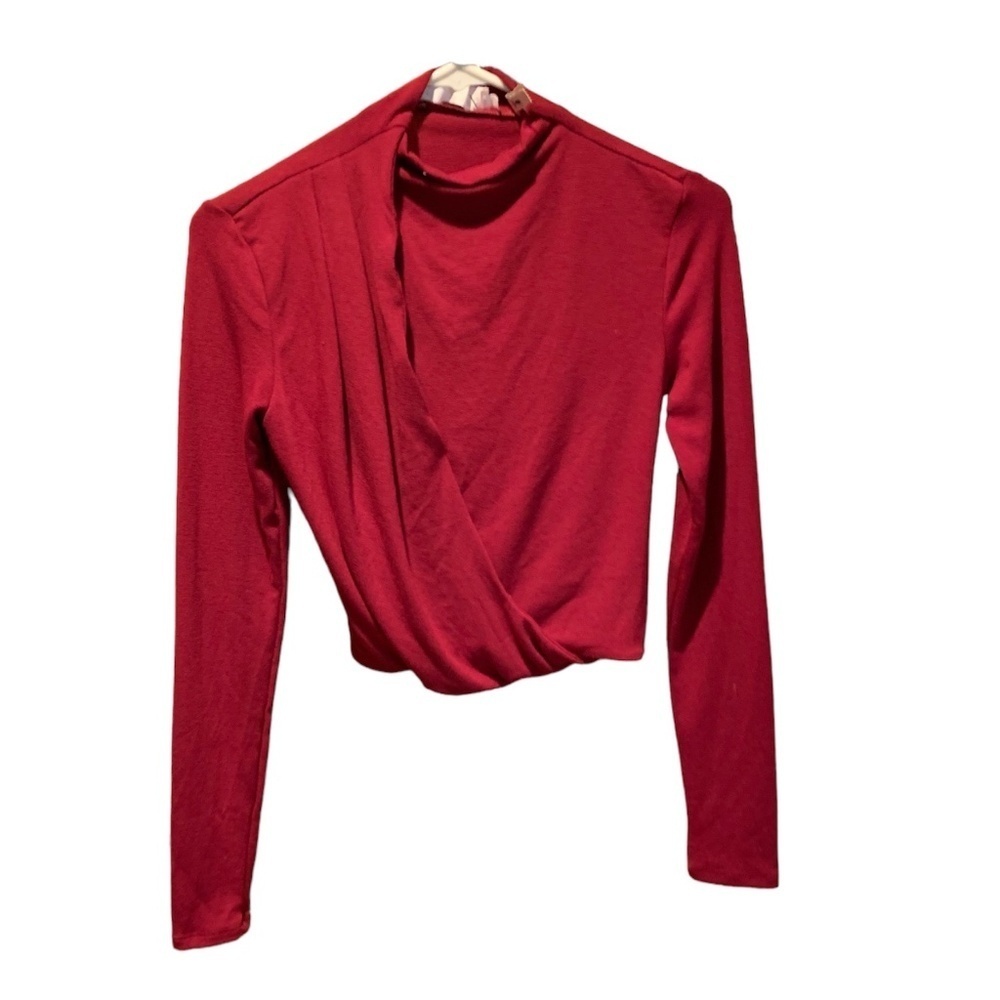 ASTR The Label Asymmetrical Pleated Cutout Mock Neck Top in Berry Small NWT